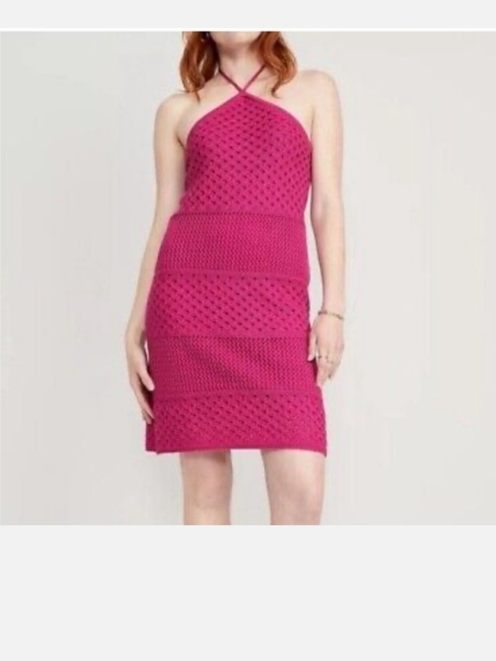 Old Navy Pink Crochet Halter Mini Dress Tie Back Backless Knit Summer S NWT